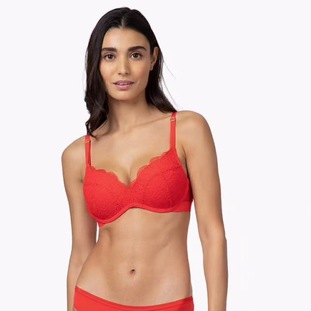 Lively Scalloped Lace No-Wire Push-Up Convertible Bra Tomato Red 34DDD